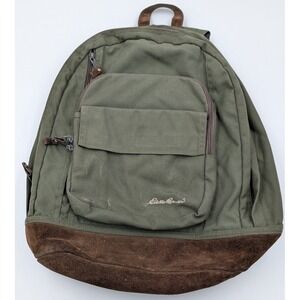Vintage Eddie Bauer Backpack School Bag Green Leather Bottom 90s 1990s